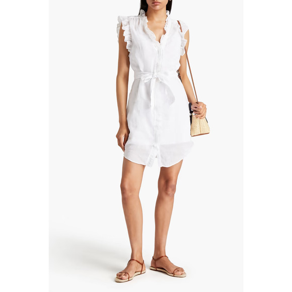 Frame NWT Lauren Ruffled Ramie Mini Shirt Dress White Size M - Picture 1 of 10